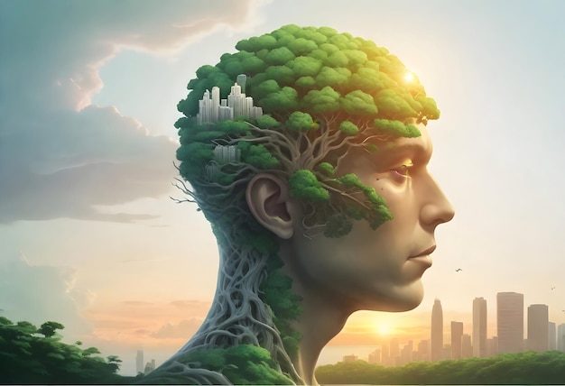 menschlicher Kopf mit einer Hälfte, die ein grünes, mit Bäumen bedecktes Gehirn darstellt, das sich verwandelt