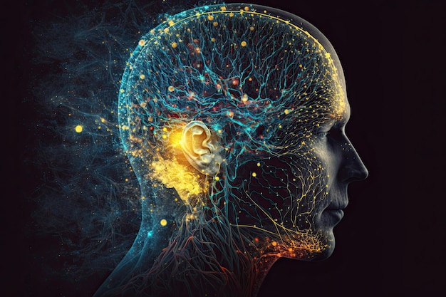 Menschlicher Kopf mit leuchtenden Neuronen im Gehirn Esoterik- und Meditationskonzept Generative ai