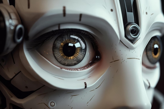 Menschlicher Roboter mit weißen Roboterteilen und grünen Augen, die mit generativer KI-Technologie erstellt wurden