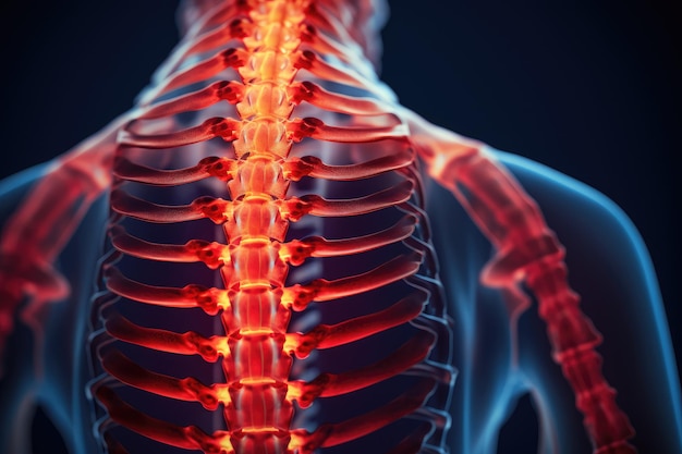 Menschlicher Rücken mit rot hervorgehobenem Skelett für Anatomiestudien und Bildung. Menschliche Wirbelsäule visualisiert Schmerzen mit roten und orangen Farben, KI-generiert