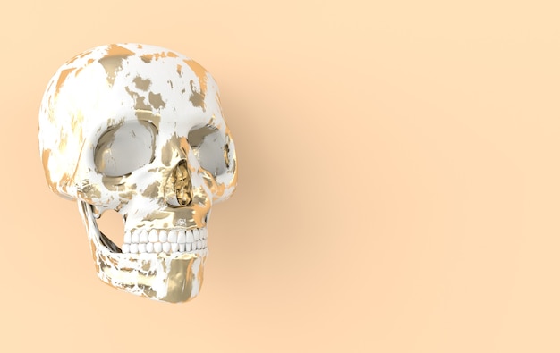 Menschlicher Schädel 3D-Rendering. Weißer und goldener Totenkopf auf beigem Hintergrund