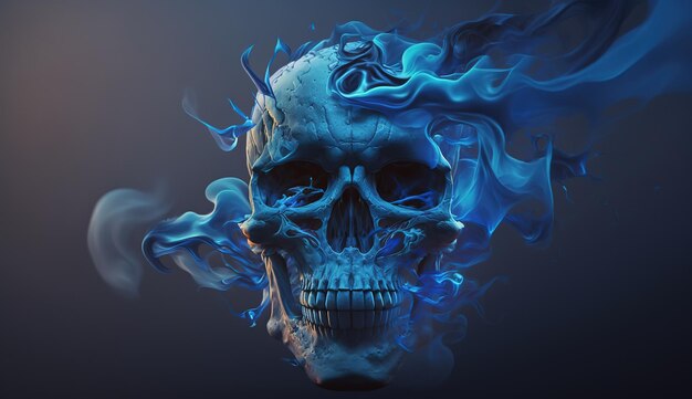 Menschlicher Schädel mit dramatischem Blitz isoliert auf blauem Hintergrund