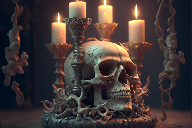 Menschlicher Schädel mit Kerzen Hexerei dunkle Magie Stillleben Generative KI