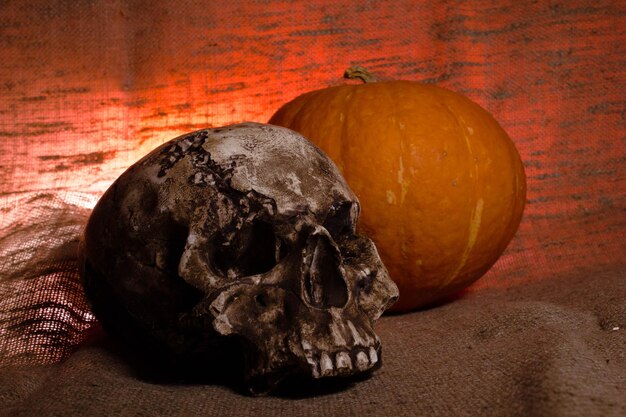 Menschlicher Schädel mit rotem Licht auf braunem Textilhintergrund Halloween-Dekorationskonzept