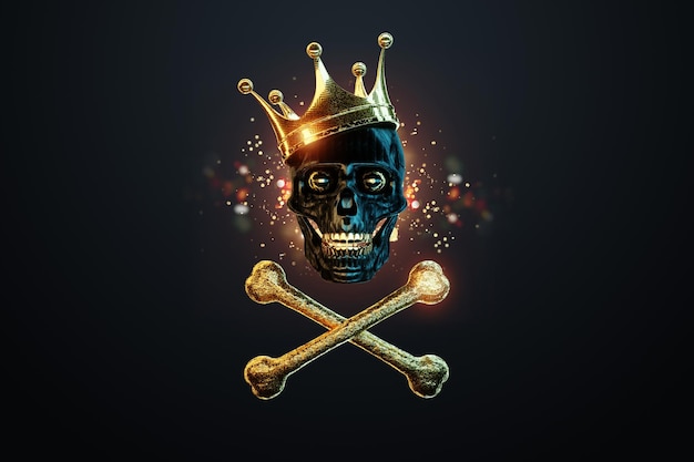 Menschlicher Totenkopf Jolly Roger Piraten Gefahrenzeichen Modernes Design Magazin Stil kreatives Bild trendige Vorlage Schwarz und Gold Luxus Stil 3D Render 3D Illustration