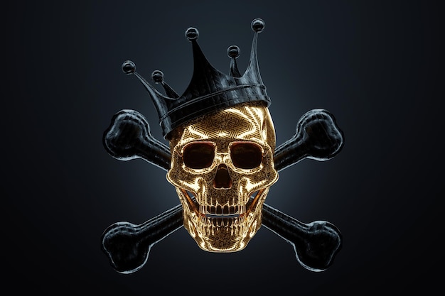 Menschlicher Totenkopf Jolly Roger Piraten Gefahrenzeichen Modernes Design Magazin Stil kreatives Bild trendige Vorlage Schwarz und Gold Luxus Stil 3D Render 3D Illustration