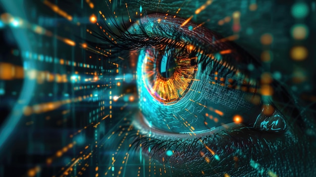 Menschliches Auge-Close-up auf Tech-Hintergrund Hacker-Gesicht und digitales Datenmuster Konzept der Cyber-Sicherheitstechnologie zukünftige AI-Hack-Netzwerk