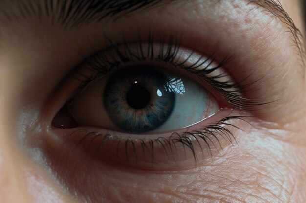 Menschliches Auge einer Frau mit farbiger Iris des Auges mit langen Wimpern in naher Nähe