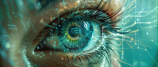Menschliches Auge mit Cyborg-Sicht mit Cyber-Daten abstrakte digitale Informationen Hintergrund-Banner mit Netzwerk-Sicherheits-Thema Konzept der KI-Technologie Spionage Hacker Hack Betrug