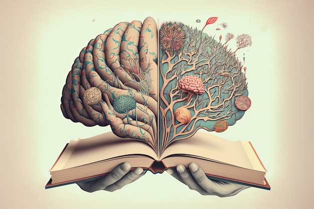 Menschliches Gehirn auf einem Buch und Farbhintergrund Minimales abstraktes Konzept der Schulkultur, Intelligenz, Lesen oder Bildung Ladegerät für Gehirnidee Generative KI