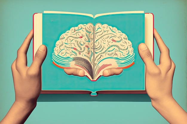Menschliches Gehirn auf einem Buch und Farbhintergrund Minimales abstraktes Konzept der Schulkultur, Intelligenz, Lesen oder Bildung Ladegerät für Gehirnidee Generative KI