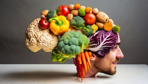 Menschliches Gehirn aus einer Vielzahl farbenfroher Gemüse Konzept der vegetarischen veganen gesunden Ernährung