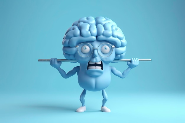 Menschliches Gehirn beim Heben von Gewichten. 3D-Gehirn beim Heben einer schweren Hantel. Geistestraining, Gedächtnisgesundheit, Alzheimer-Prävention, Gehirntraining, Bildungsstudie und Konzept zur psychischen Gesundheit. KI erstellt