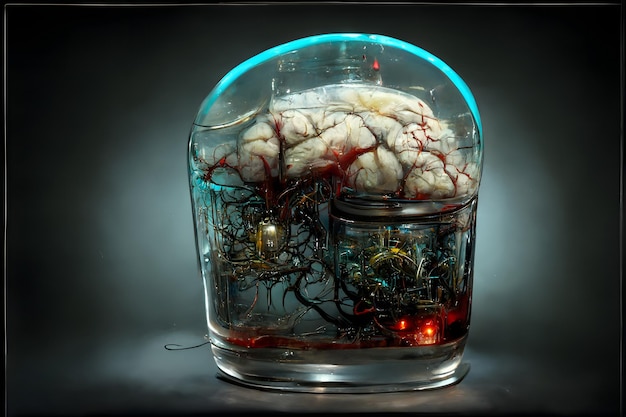 Menschliches Gehirn in transparentem Behälter, verbunden mit maschineller neuronaler Netzgenerierter Kunst