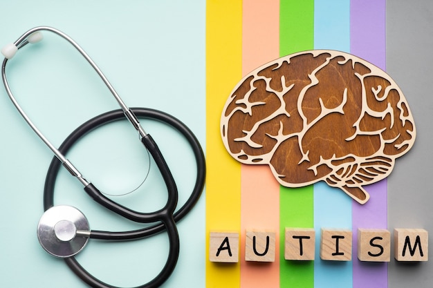 Menschliches Gehirn mit Stethoskop mit der Inschrift Autismus