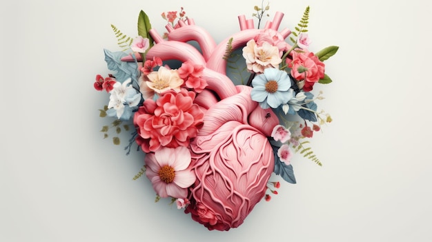 Menschliches Herz mit Blumen und Blättern auf weißem Hintergrund. Farbige kreative Illustration, visuell für die Gestaltung von medizinischen