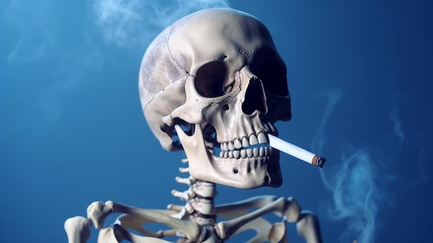 Menschliches Skelett, das eine Zigarette raucht Generative KI