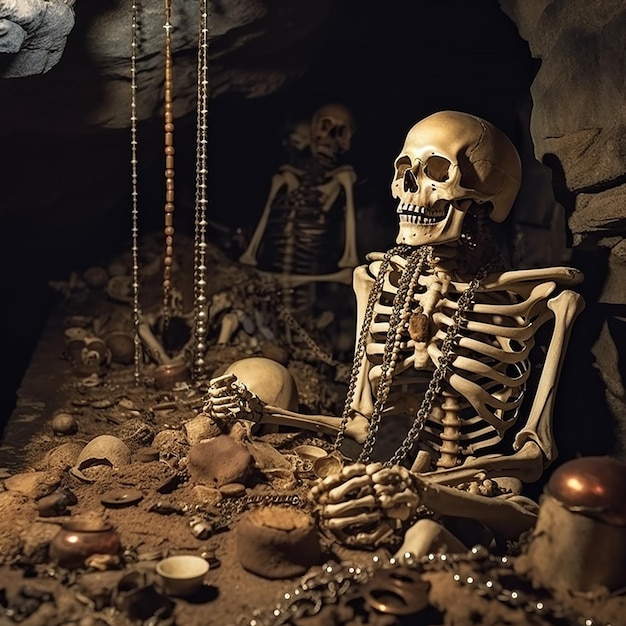 Menschliches Skelett in einer dunklen Höhle und verschiedene goldene Juwelen um einen antiken Schatz