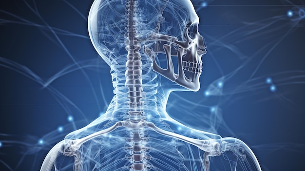 Menschliches Skelett mit einem Röntgenbild, das die Knochen der Wirbelsäule zeigt
