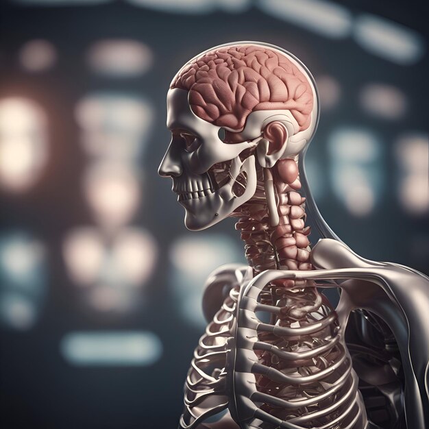 Menschliches Skelett mit Kopf und Gehirn auf abstraktem Hintergrund 3D-Rendering