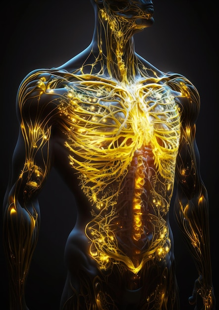 Menschliches Skelett mit leuchtend gelben Linien auf Brust und Rücken Generative KI