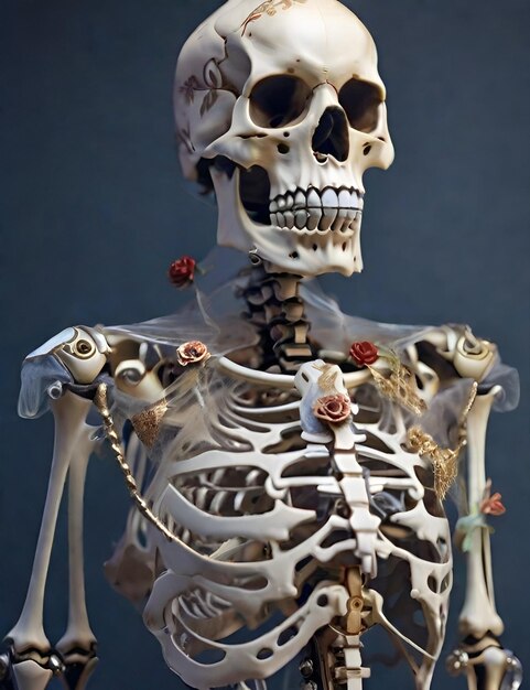 Menschliches Skelettmodell auf grauem Hintergrund Nahaufnahme Halloween-Konzept mit rosa und roten Rosen