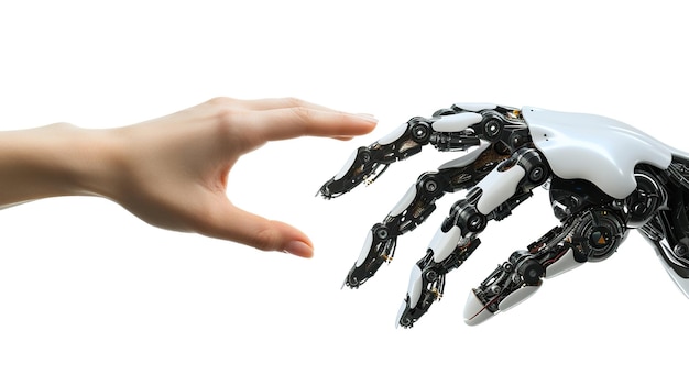 Menschlichkeit und Technologie eine Nahaufnahme einer menschlichen Hand, die eine Roboterhand berührt