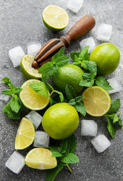 Menta lima y hielo sobre un fondo oscuro