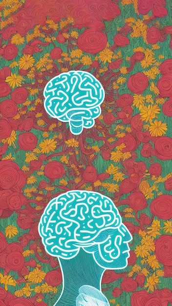 Mentales Wachstumskonzept mit Blättern im Inneren in der Zeichnung der menschlichen brain3d-Illustration