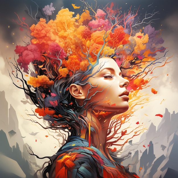 Foto mente humana con flores y hojas que crecen de un árbol pensamiento positivo mente creativa autocuidado
