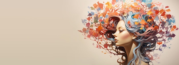 Mente humana con flores y hojas que crecen de un árbol pensamiento positivo mente creativa autocuidado