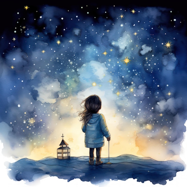 Mentes imaginativas capturadas com garotinha céu noturno estrelas cintilantes aquarela Clipart