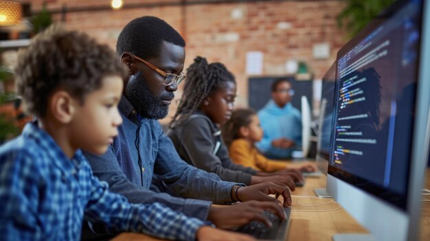 Foto mentor de programação guiando jovens estudantes aig41