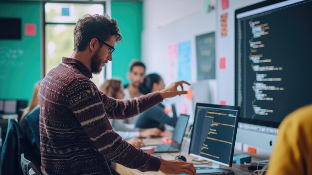 Foto mentor de programação guiando jovens estudantes