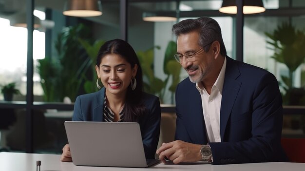 Foto el mentor latino maduro hablando con una joven compañera de trabajo asiática mostrando los resultados del proyecto en línea en