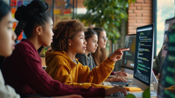 Foto mentor de programación que guía a los jóvenes estudiantes aig41