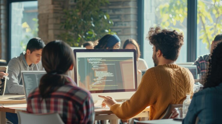 Foto mentor de programación que guía a los jóvenes estudiantes