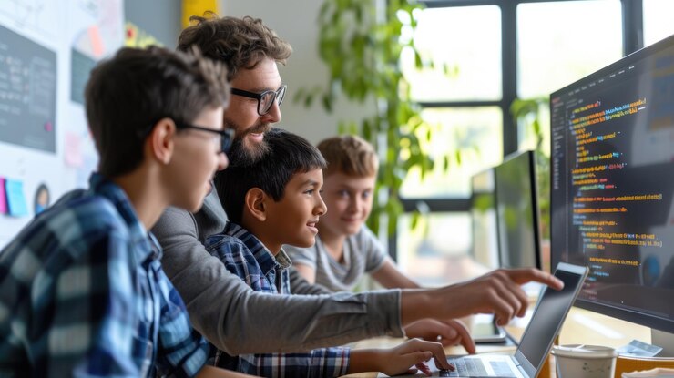 Foto mentor de programación que guía a los jóvenes estudiantes