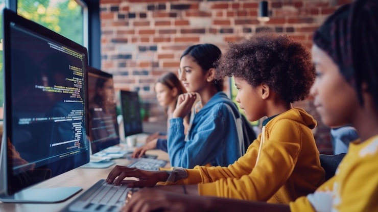 Foto mentor de programación que guía a los jóvenes estudiantes