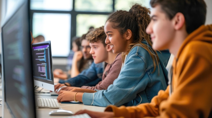 Foto mentor de programación que guía a los jóvenes estudiantes
