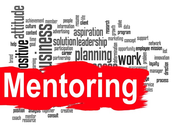 Mentoring-Wortwolke mit rotem Banner