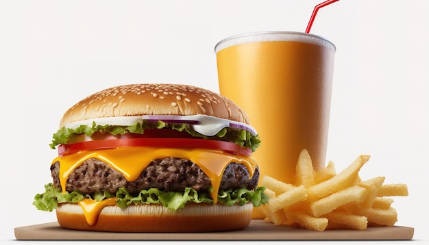 Menú aislado de comida y bebida con hamburguesa doble con queso y patatas fritas