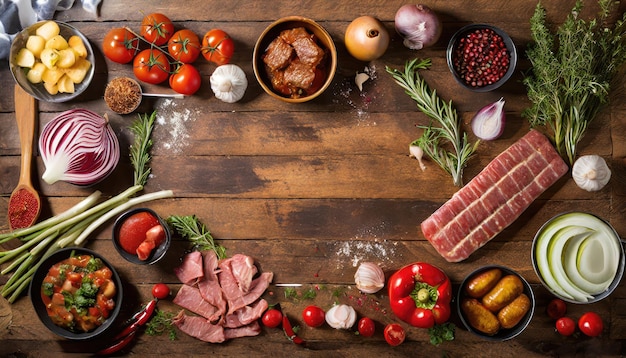 Menú de barbacoa Carne a la parrilla y verduras en una mesa de madera rústica