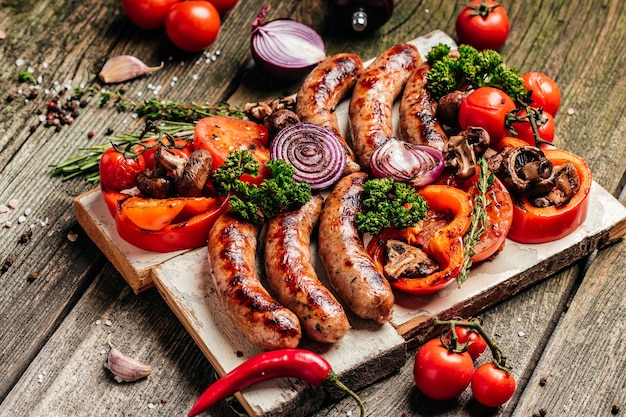 Menú de barbacoa Surtido de carne a la parrilla de sabrosos bocadillos de barbacoa con verduras en el menú de banner de tablero de madera lugar de recetas para la vista superior de texto