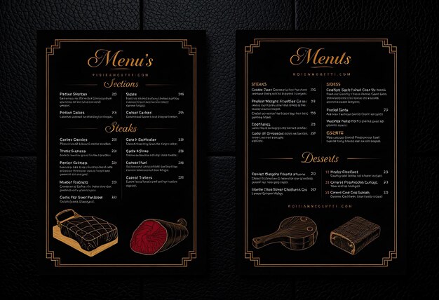 Menú de bistec con elegantes tonos oscuros y texturas de lujo S Menú Layout Idea para el diseño de la marca