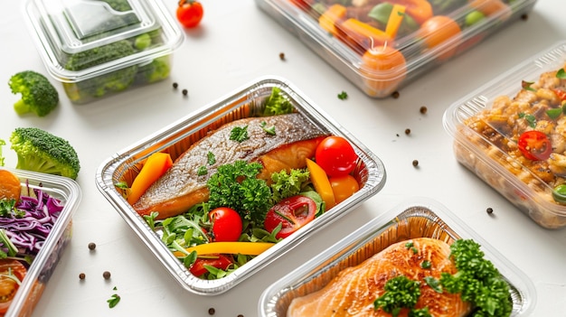 Foto menú de catering de alimentos saludables listos en cajas de almuerzo paquetes de pescado y verduras en generativo blanco ai