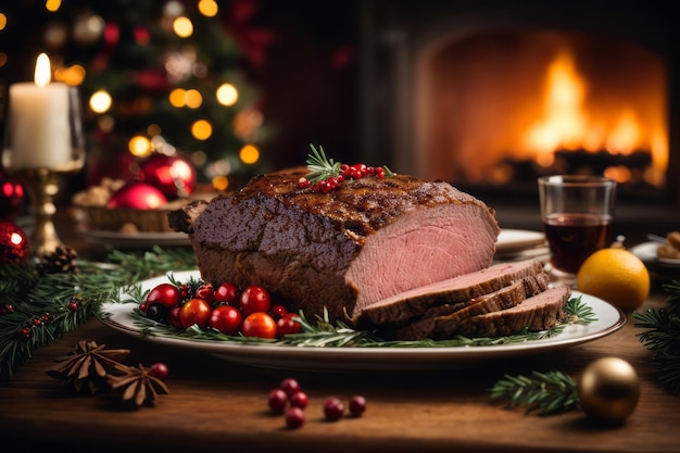 Foto menú de cena de carne asada para celebrar el día de navidad