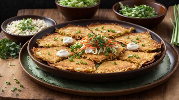 Foto el menú de comida coreana muestra la mezcla de mariscos frescos cebollas verdes y masa crujiente