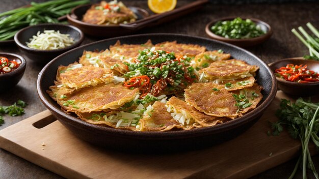 Foto el menú de comida coreana muestra la mezcla de mariscos frescos cebollas verdes y masa crujiente