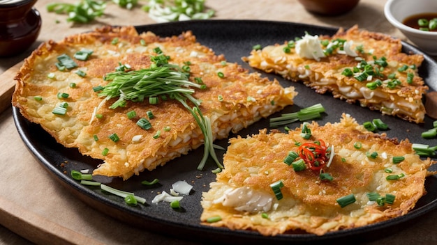 Foto el menú de comida coreana muestra la mezcla de mariscos frescos cebollas verdes y masa crujiente